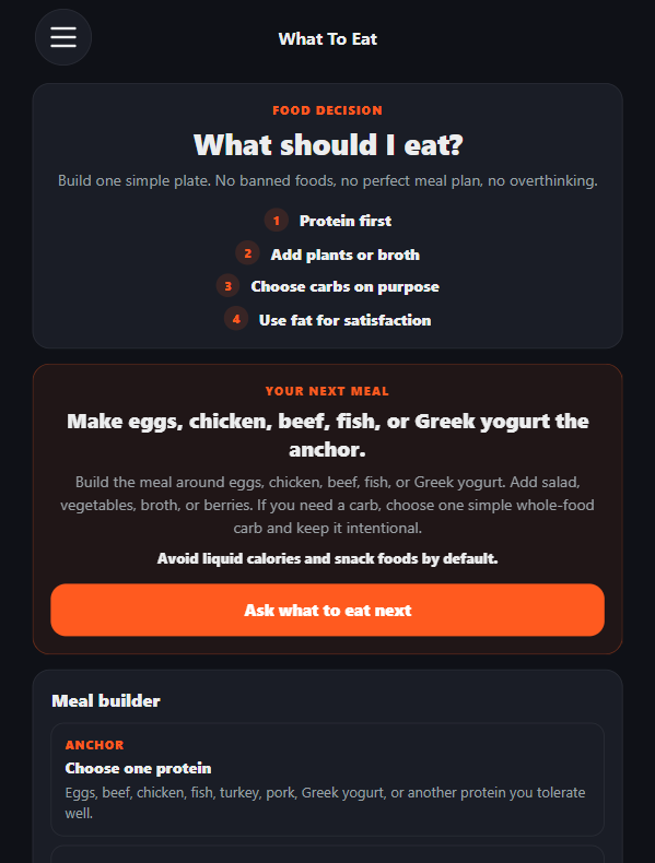 BuildMode What To Eat screen